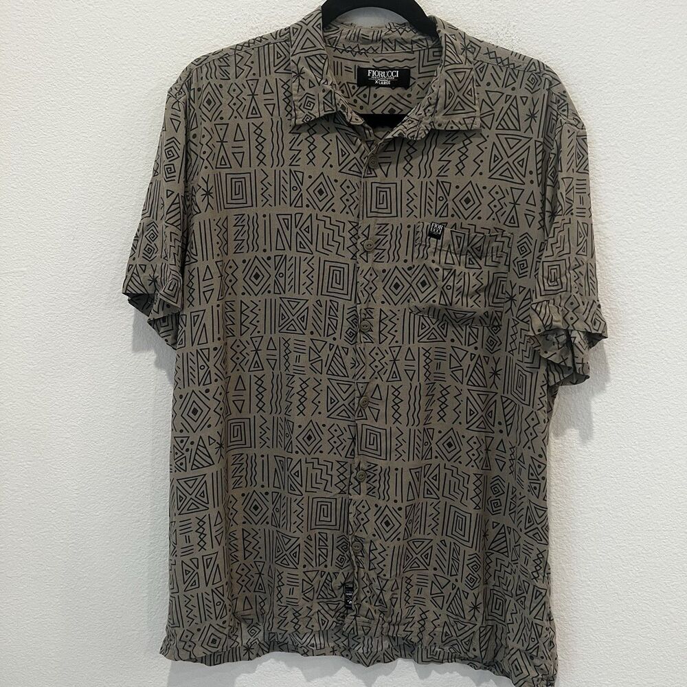 Vtg Fiorucci Button Up Shirt Sz Xl Aztec Native Viscose 90s
